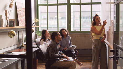 four creative business colleagues brainstorming in an office