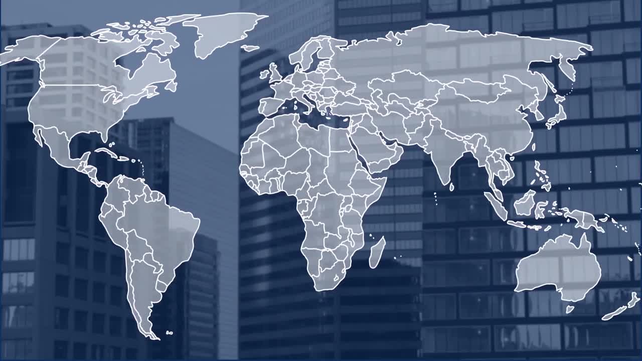 Animation of world map over cityscape