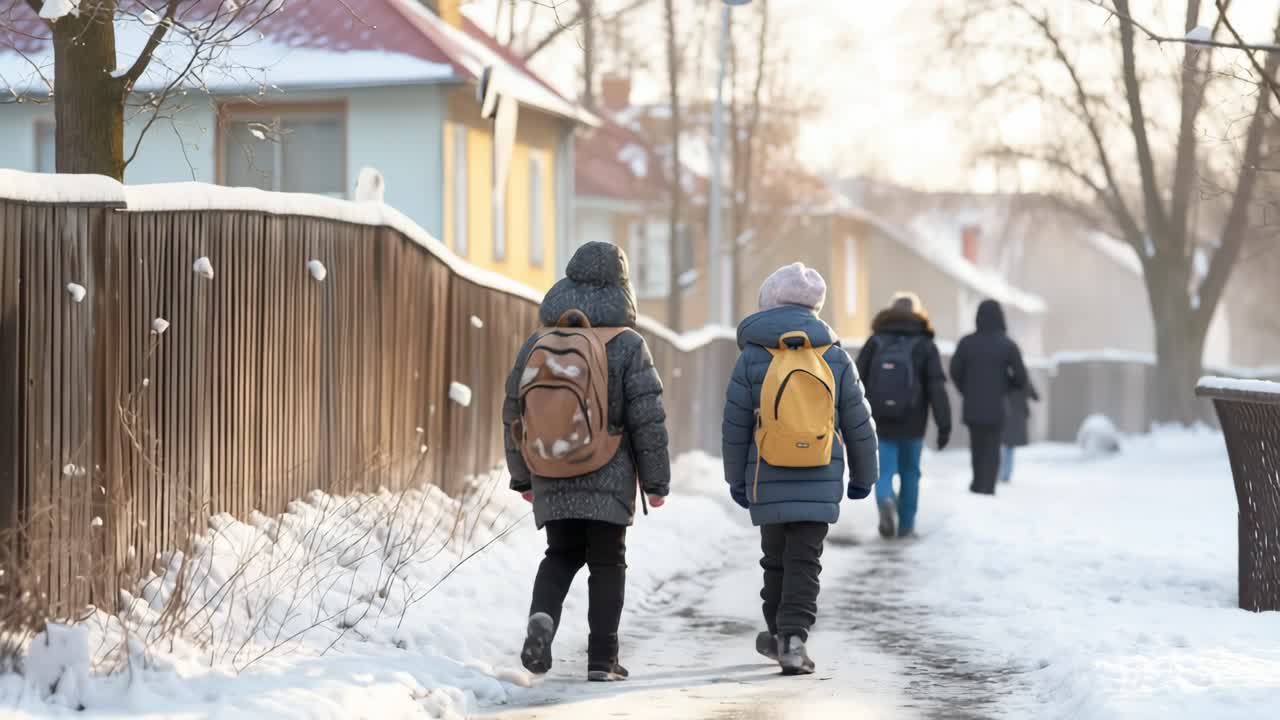 Children walking to school in snowy weather