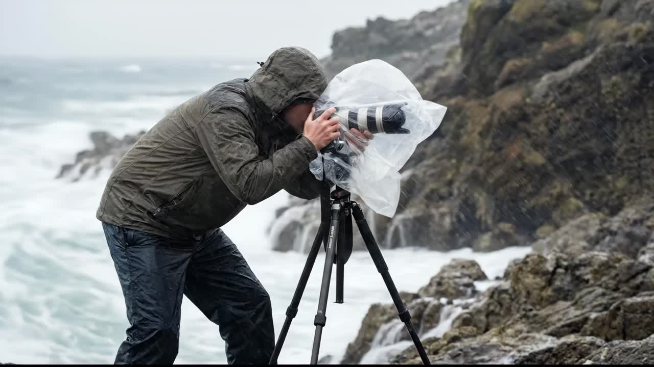 Photographer Braving Stormy Weather to Capture Ocean Waves on Rocky Coastline