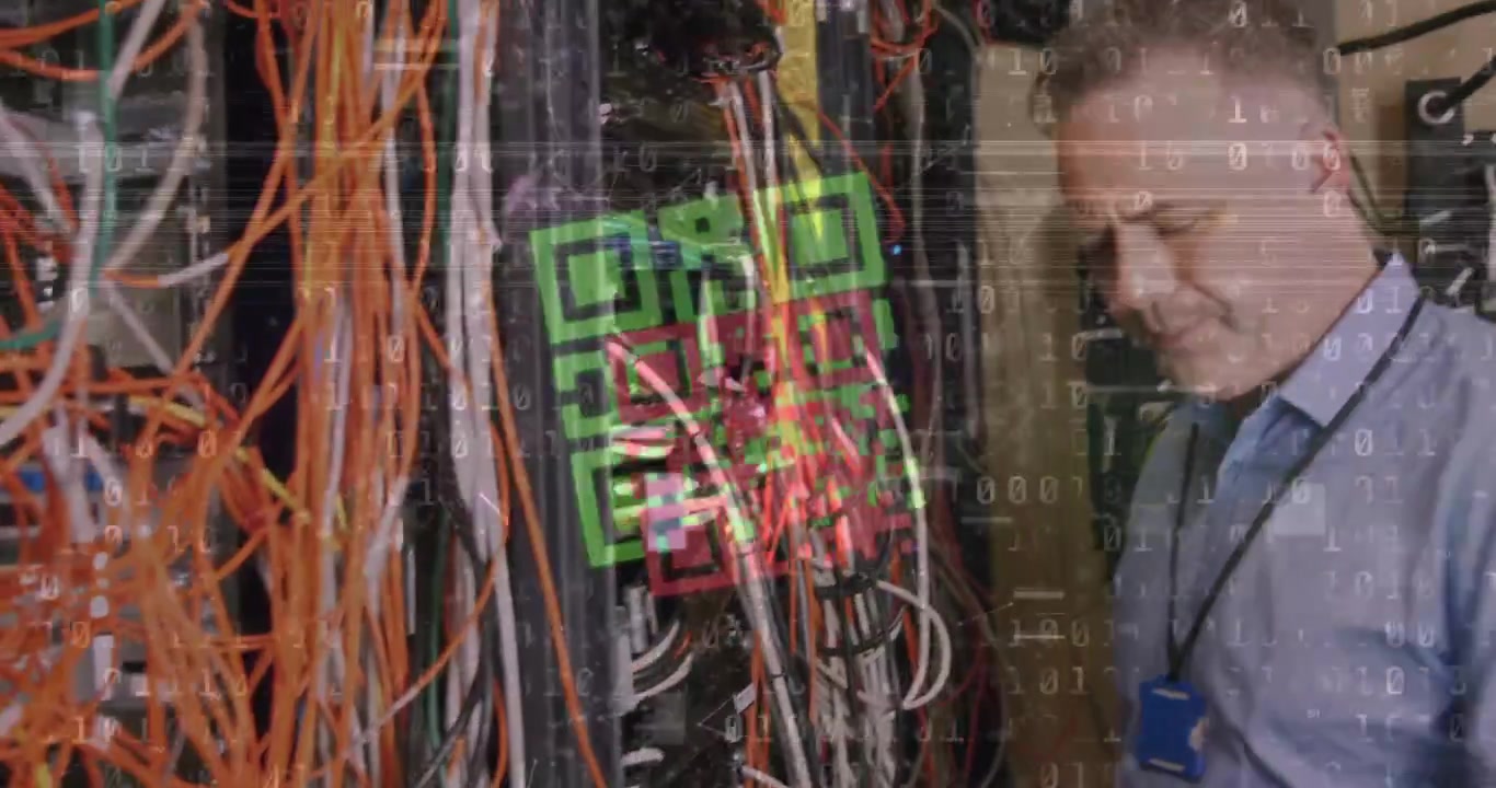 Animation of data processing and qr code over caucasian man checking servers