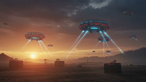 futuristic scene of alien spacecrafts hovering over a desert landscape at sunset, casting beams of light in a dramatic atmosphere with mountains in the background