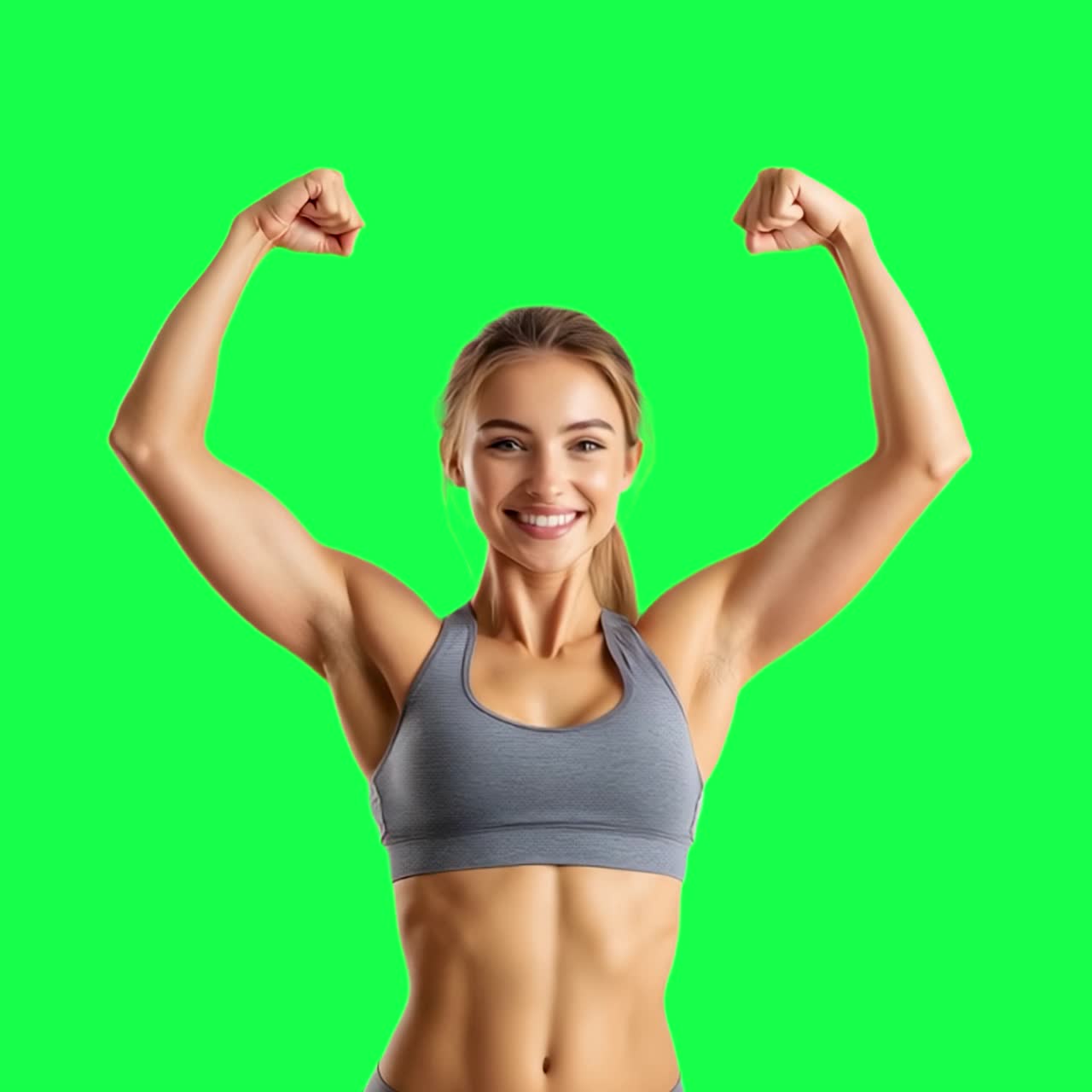 Strong athletic woman smiling animation, transparent 4K video, green screen