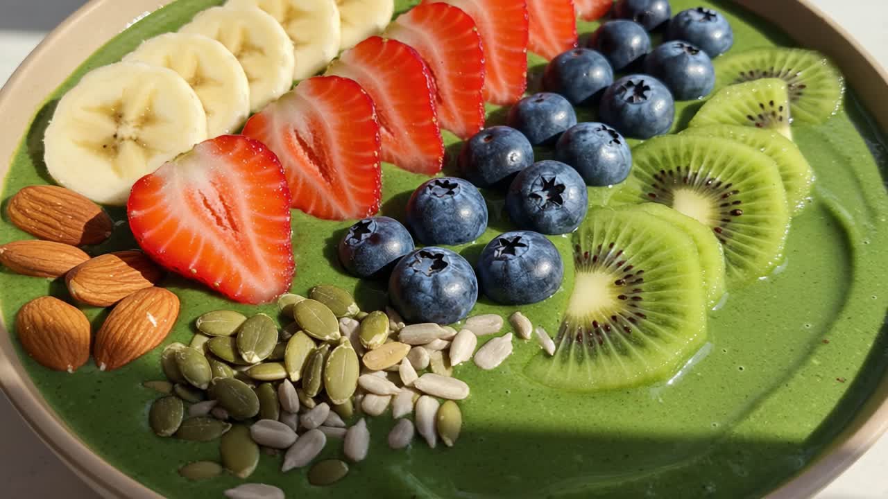 Vibrant and Healthy Smoothie Bowl Topped with Fresh Fruits, Nuts, and Seeds: A Colorful Culinary Delight Packed with Nutrients and Flavors