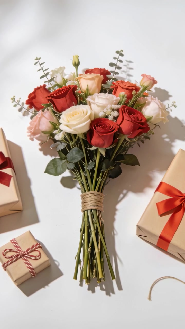 Video verticale: Telecamera che panoramica delicatamente, rivelando un bouquet di rose su un tavolo bianco e mostrando regali in carta kraft.