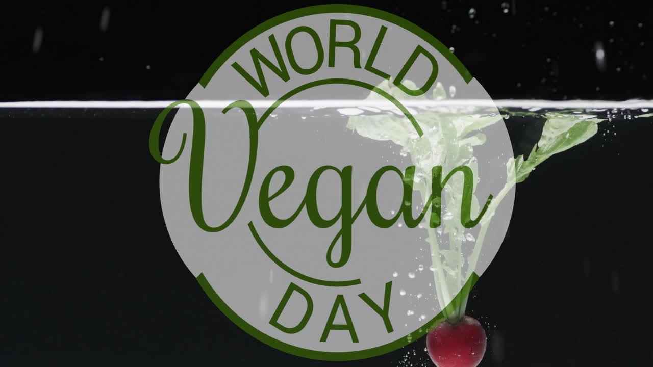 Animation des Textes 'World Vegan Day' über einem Hintergrund mit ins Wasser fallenden Früchten
