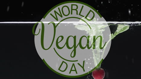 animation of world vegan day text over fruit falling in water background