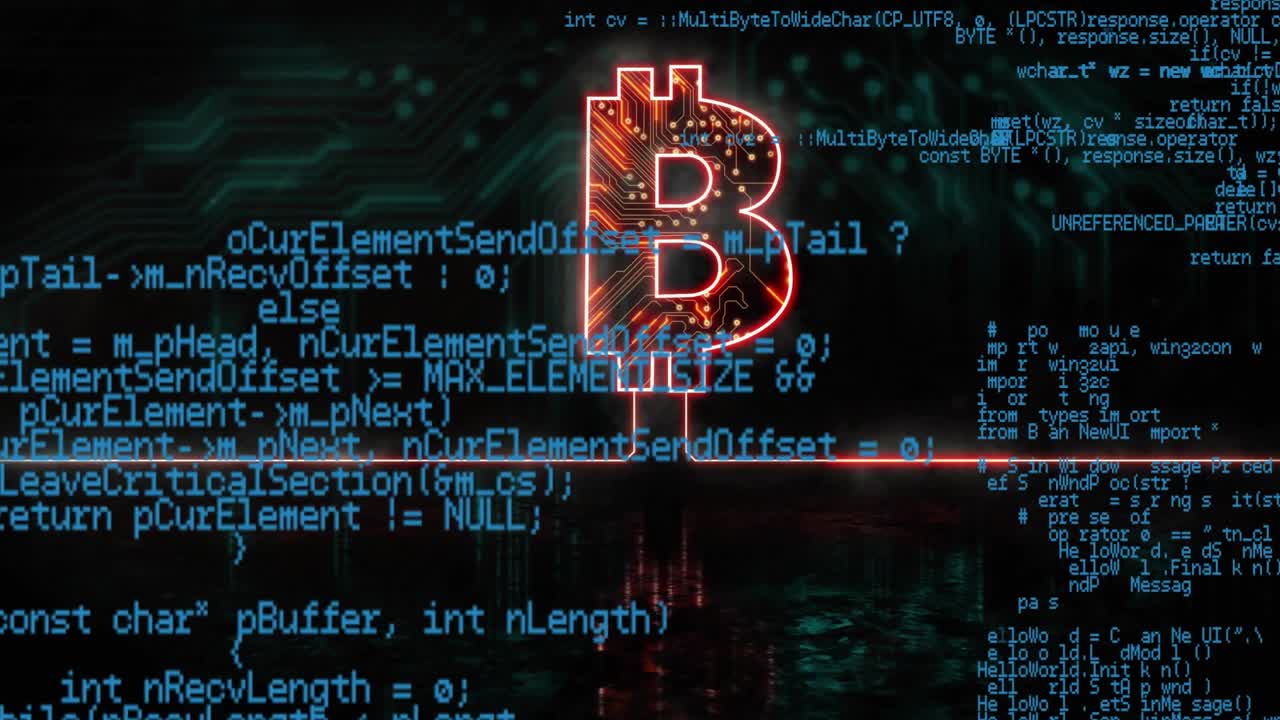 Incoming code stream starting neon Bitcoin symbol pulsing and glowing, visualizing network activity