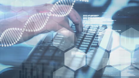 animación de adn y procesamiento de datos científicos sobre las manos de un hombre caucásico escribiendo en el teclado