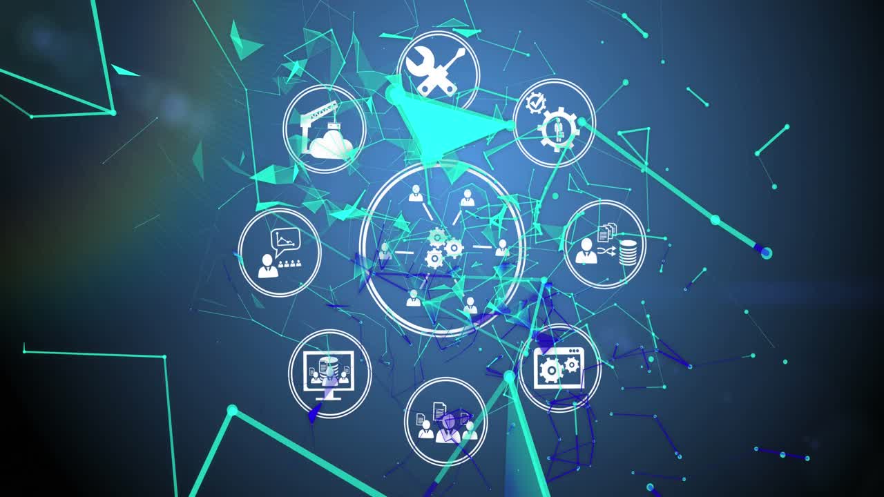 animación de la red de iconos digitales y la red de conexiones sobre fondo azul