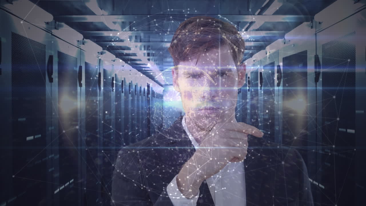 animación de un hombre caucásico vestido con un traje y usando una pantalla interactiva 3d con un modelo de globo