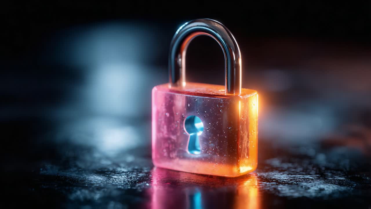 A Vibrant Orange Lock Shines in Low Light, Emphasizing Security and Protection with a Beautifully Designed Keyhole Ready for Use