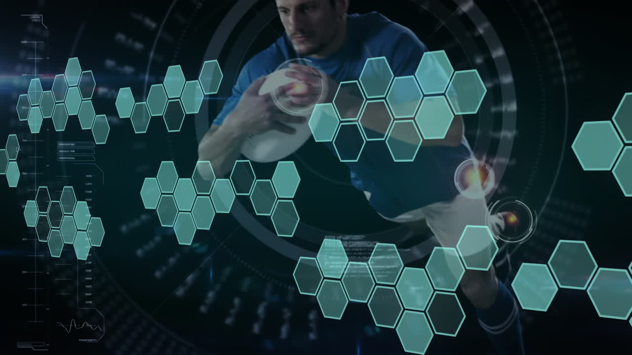 Animation of data processing over caucasian male rugby player