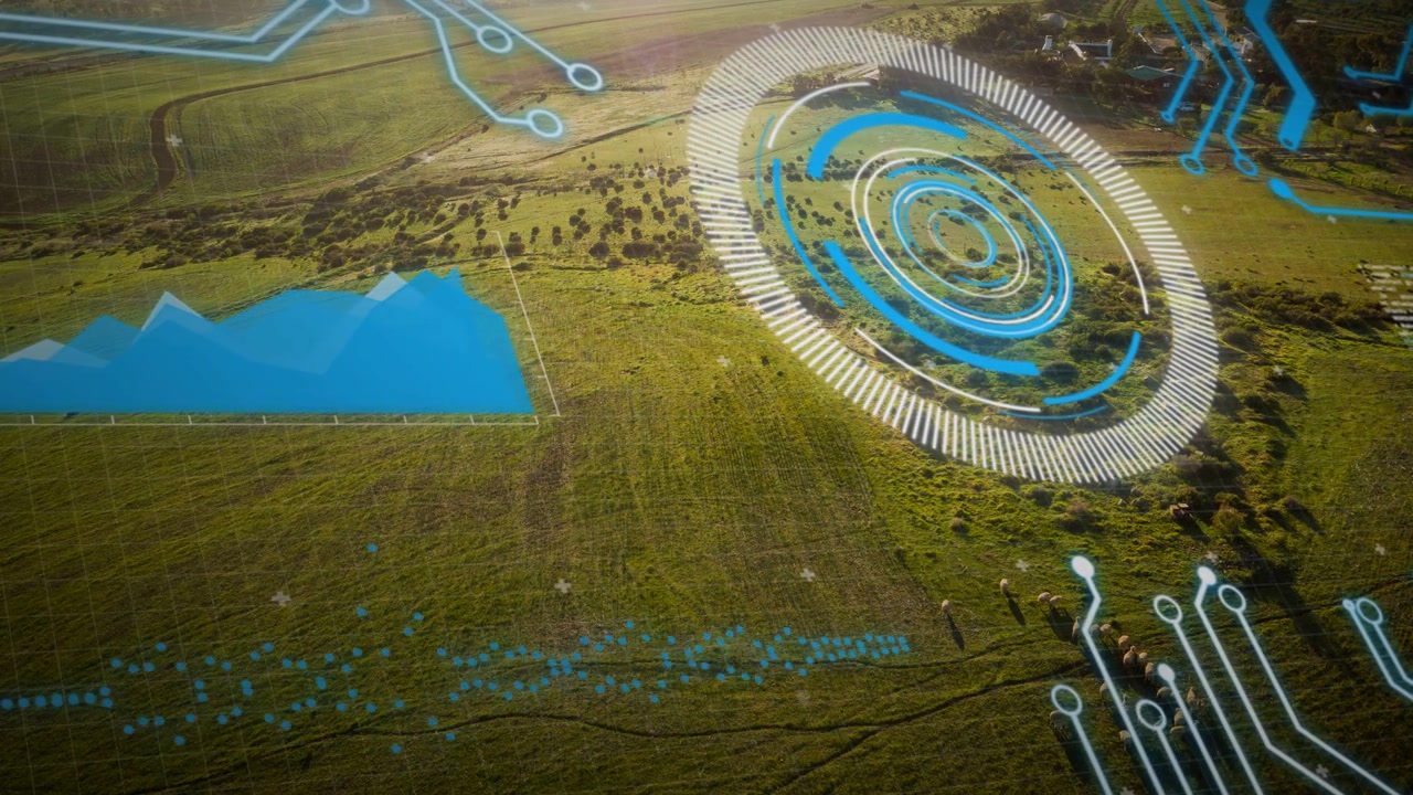 Circular HUD emerging after scan, pulsing and rotating while mapping herd movement for monitoring