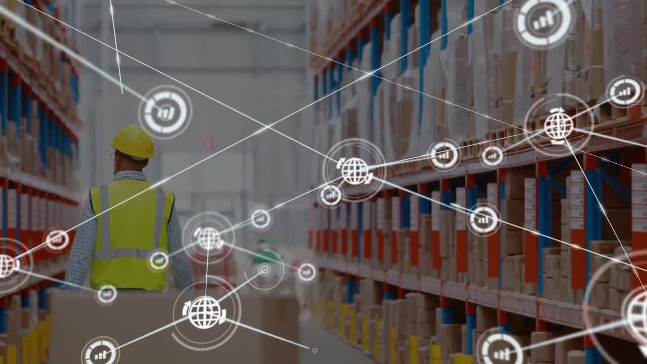 анимация сети соединений над кавказским человеком на складе