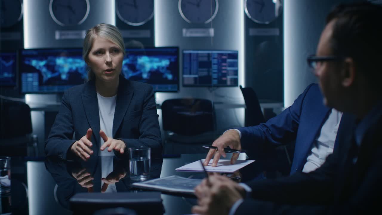 retrato de la mujer de negocios de mente fuerte haciendo negociaciones con sus socios comerciales en la reunión