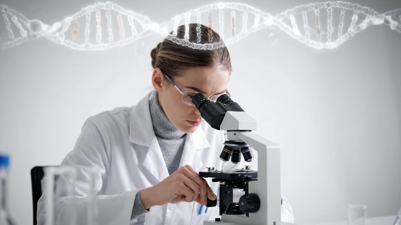 Scientist Analyzing DNA Structure Using Microscope in Laboratory Setting to Explore Genetic Research and Discoveries in Modern Biotechnology and Science