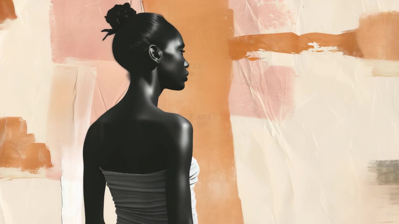 Retrato artístico de uma mulher negra contra um fundo abstrato pintado