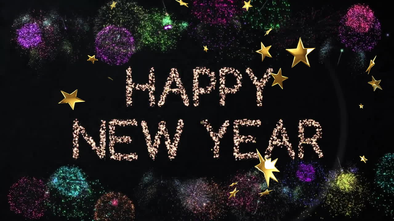 Happy New Year text with stars and fireworks animation on black background
