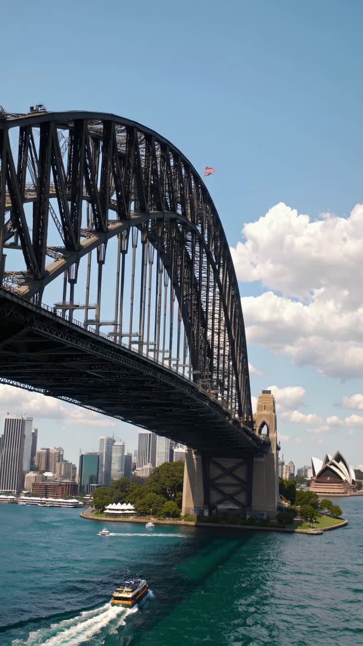Video dinamico che riprende l'Harbour Bridge di Sydney da un angolo basso, mettendone in risalto la grandiosità architettonica