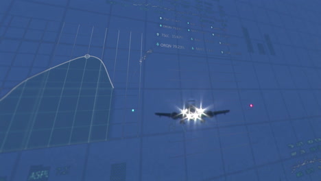 Flying airplane over digital financial charts with animation of data visualization