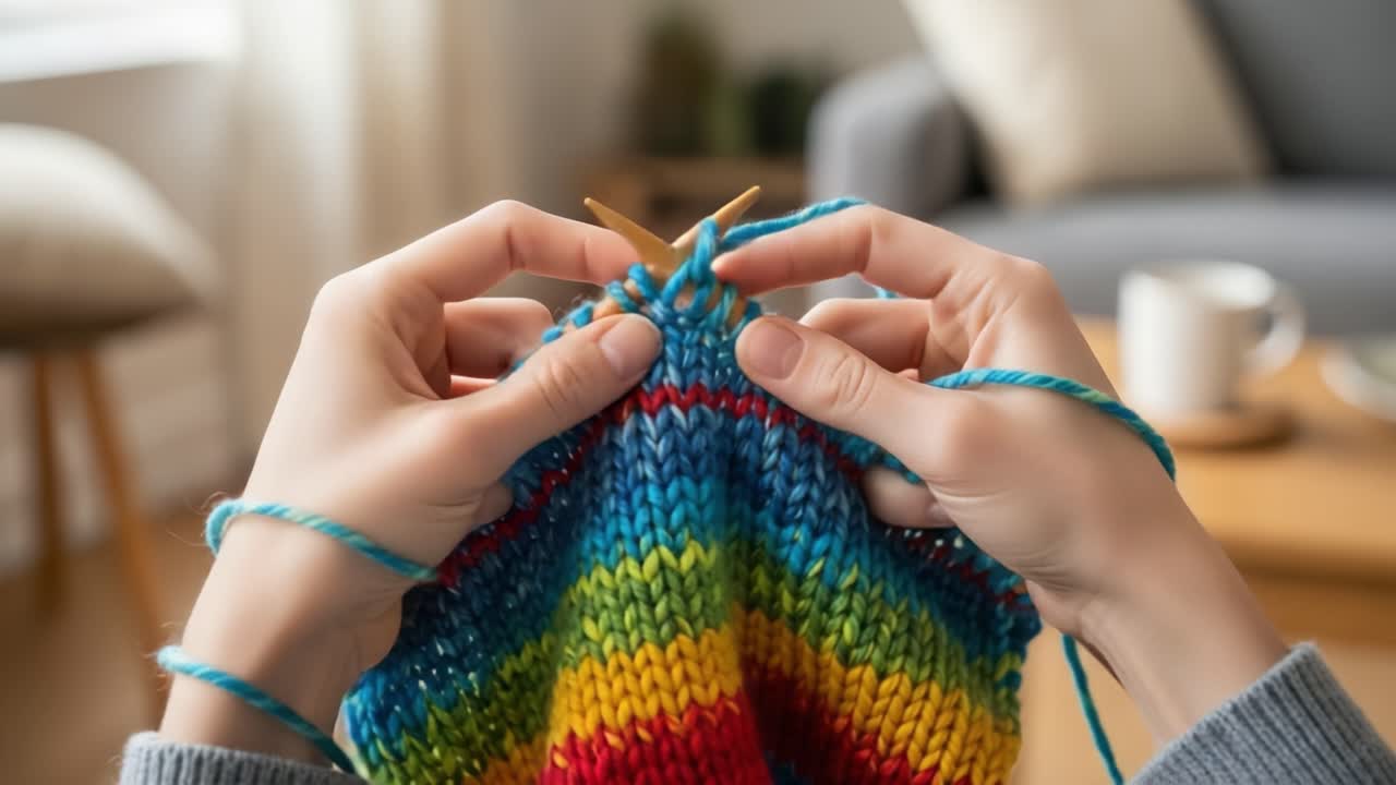 Engaging in the Art of Knitting: A Close-Up of Hands Skillfully Creating a Colorful Rainbow Pattern from Yarn, Perfect for Craft Enthusiasts and Hobbyists Alike