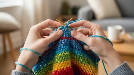 Engaging in the Art of Knitting: A Close-Up of Hands Skillfully Creating a Colorful Rainbow Pattern from Yarn, Perfect for Craft Enthusiasts and Hobbyists Alike