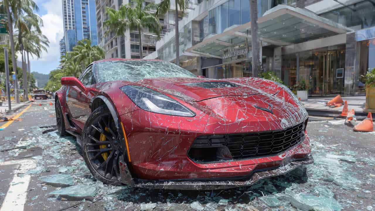 A Striking Scene of a Red Sports Car Amidst Shattered Glass on an Urban Street, Highlighting the Aftermath of Chaos and Urban Decay