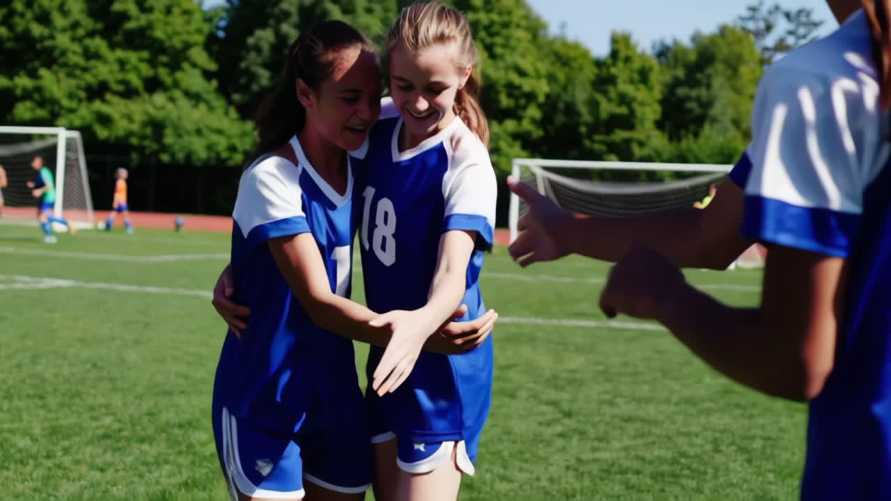 Young Female Soccer Team Shows Support and Teamwork on the Field