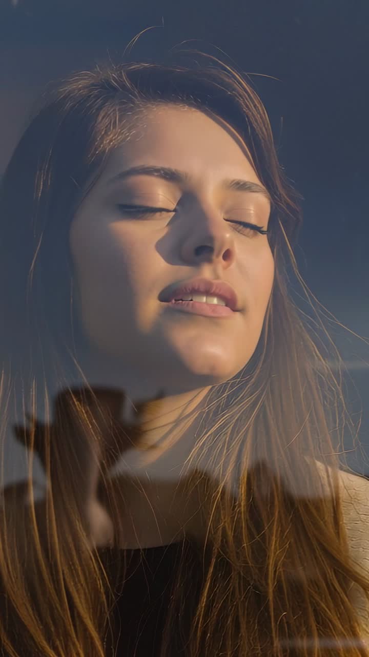 Vertical video: Sunlight shifting woman closing eyes tilting up in glass shadow sky smiling in coat