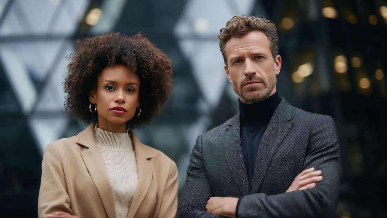 Confident Professionals Portrait in Urban Setting Showcasing Style and Charisma Amidst Modern Architecture