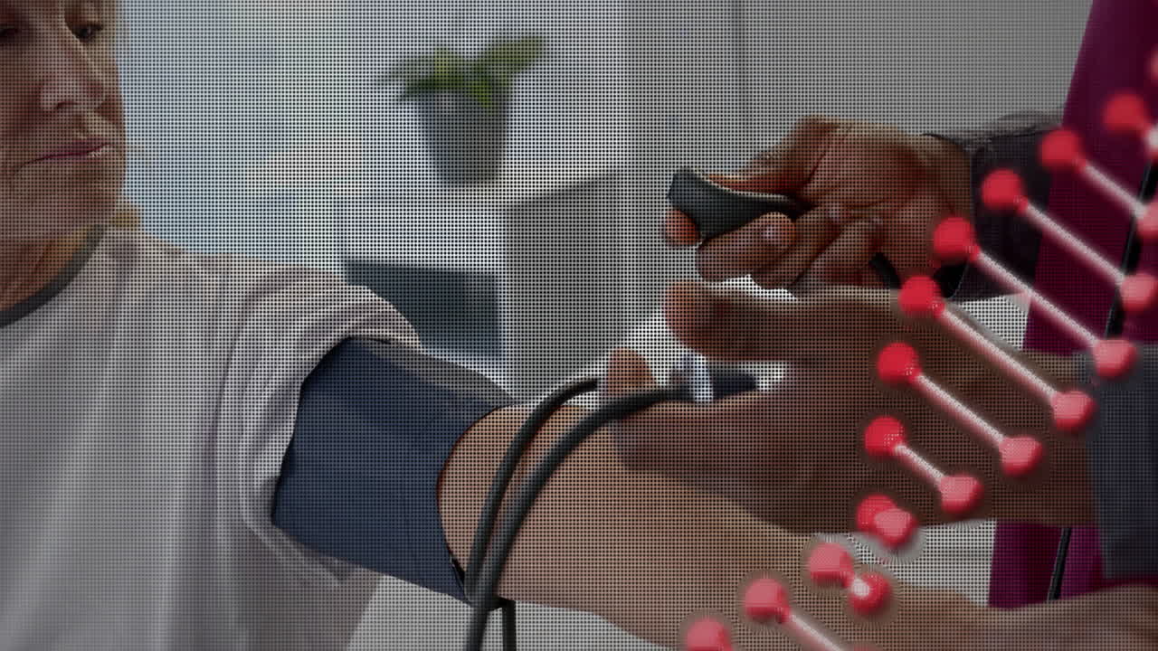 다양한 남성 의사에 대한 dna 스트랜드의 애니메이션, 고령 남성 환자의 맥박을 찍는