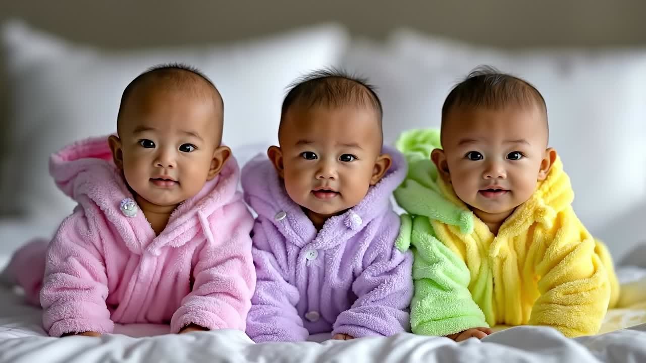 Three baby babies in colorful robes laying on a bed