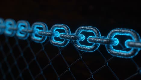 illuminated chain links against a dark background: a close-up exploration of modern connectivity and industrial aesthetics in a high-tech environment