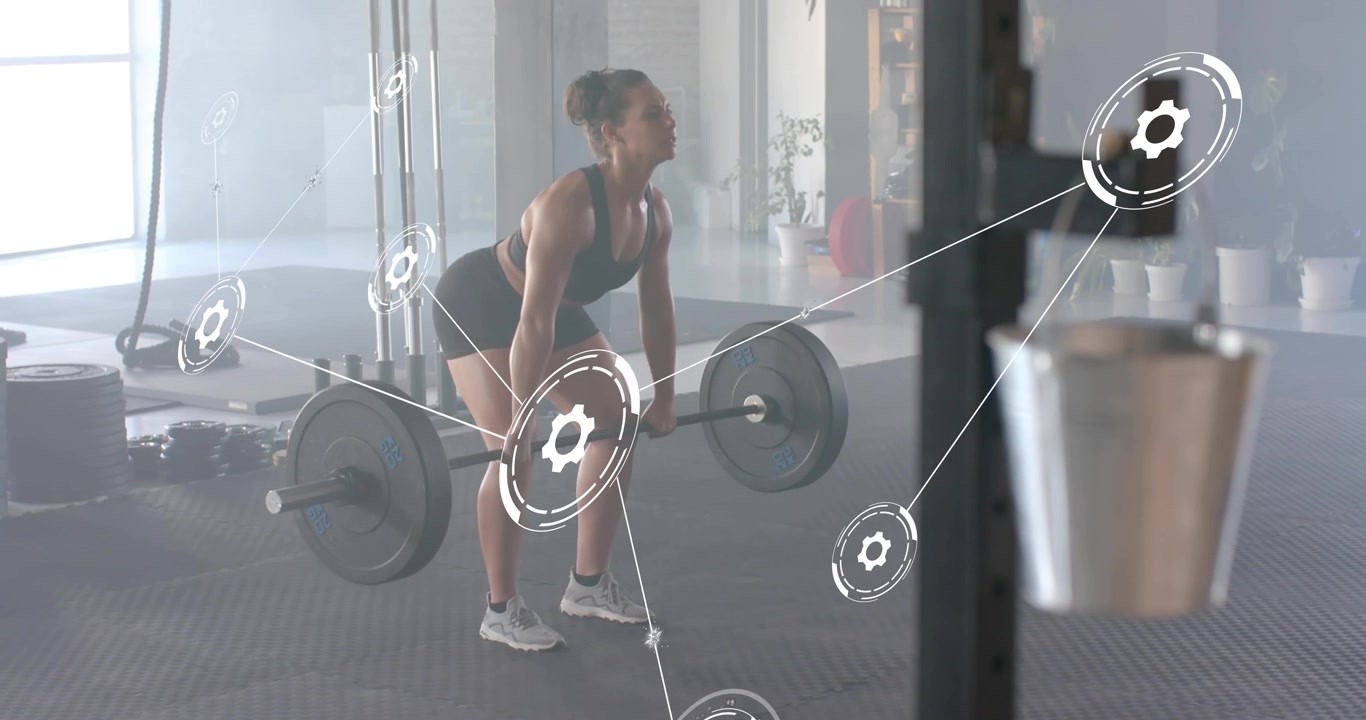 woman gripping barbell and initiating squat lift in gym with animated joints emphasizing stability