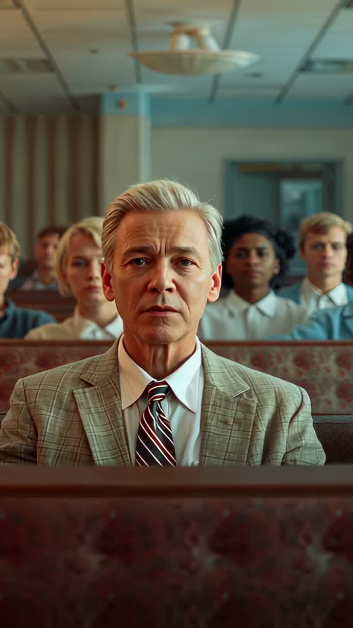 Vertical video: Moving camera closing in on senior in plaid suit booth, revealing jaw tightening