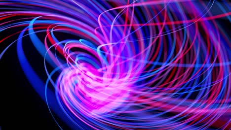 flusso di luce bg in 4k. sfondo a anello astratto con tracce di luce, flusso di linee di neon rosso-blu nello spazio si muove per formare forme a spirale a anello. sfondo di motion design moderno alla moda. effetto luce,