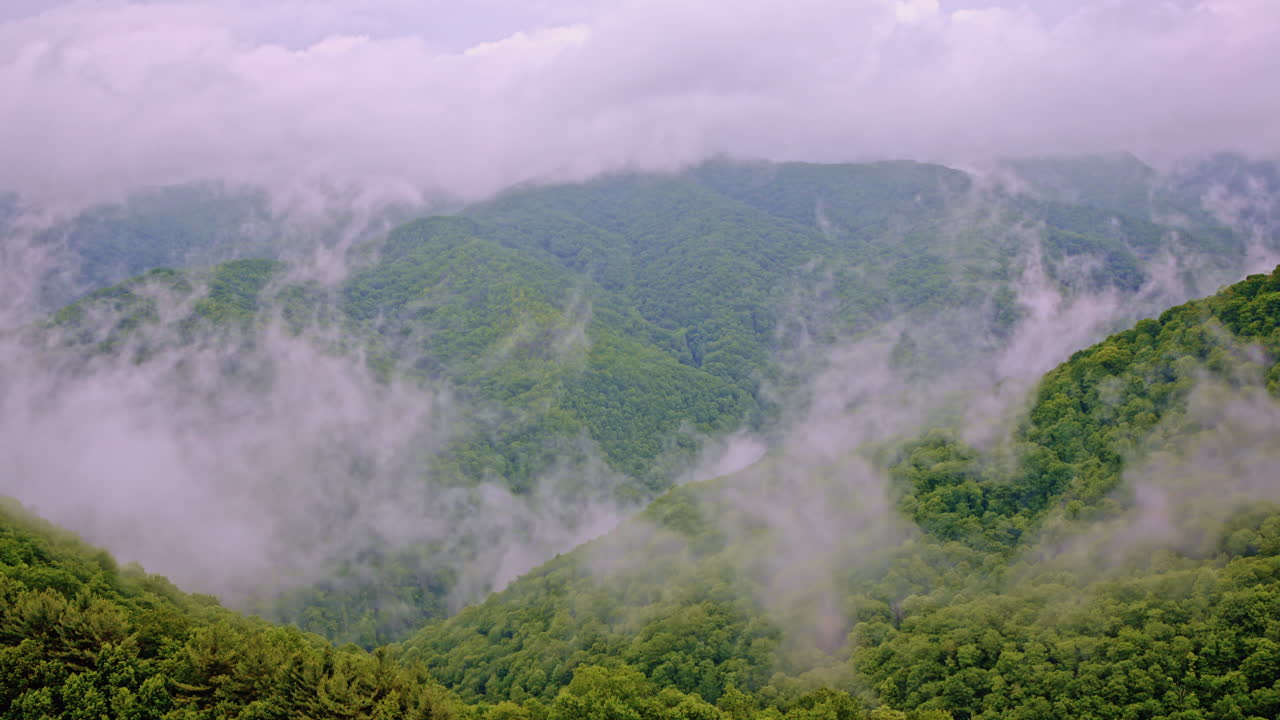 Great Smoky Mountains cloaked in fog, seen from a cinematic aerial view