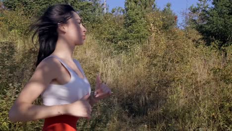 portrait beautiful woman running outdoors - tracking slow motion
