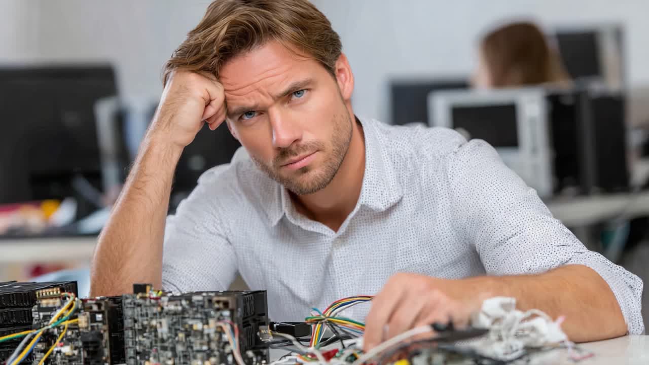 A Frustrated Technician Struggles with Circuitry, Surrounded by Disordered Wires and Components in a Busy Office Space