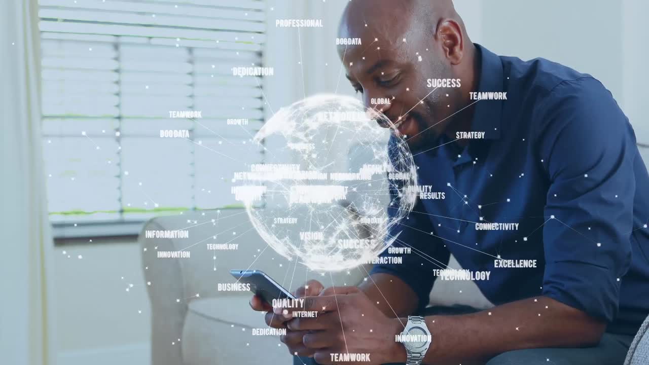Animation of connections and globe over happy african american man using smartphone
