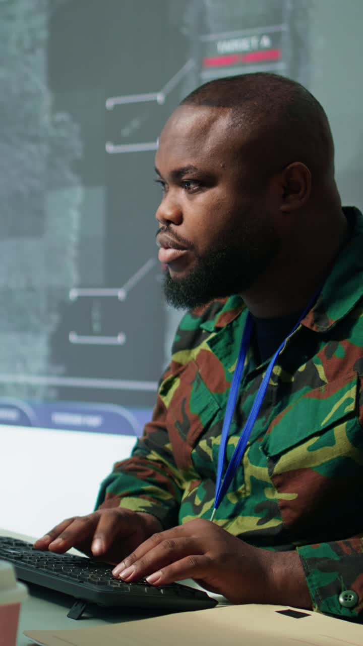 Vertical Video Army professionals in command post oversee satellite and real time surveillance