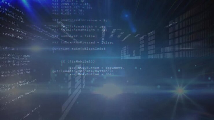 Animation of data processing and binary coding on blue background