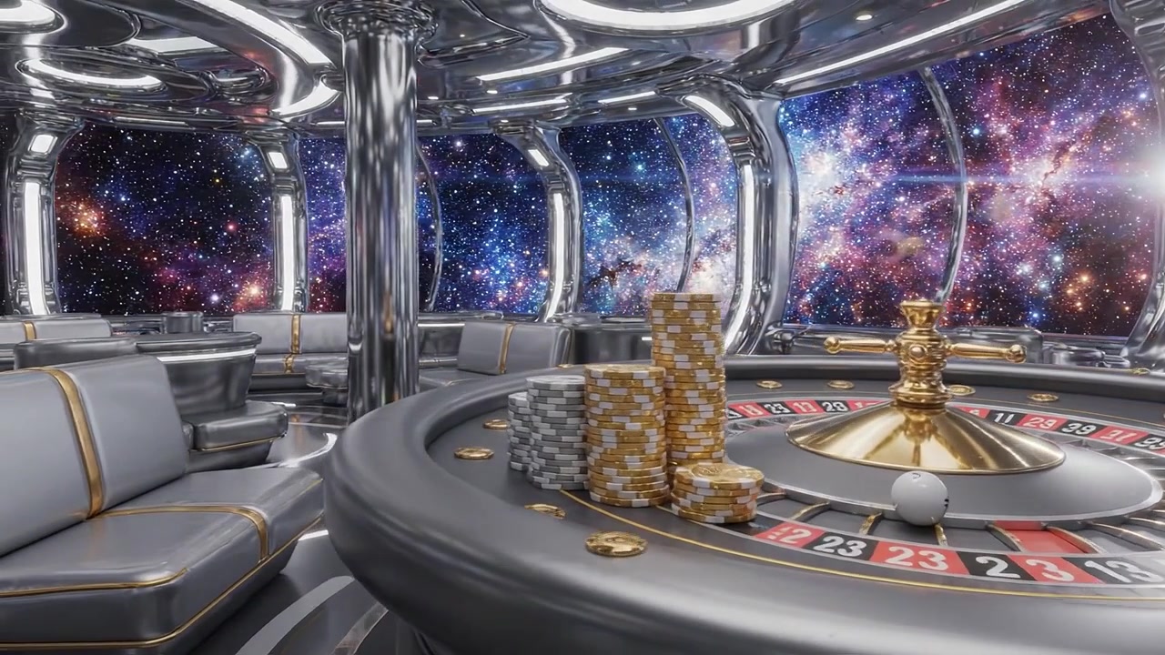 Scena di casinò futuristico con tavolo da roulette e sfondo galattico, che mette in risalto il gioco d'azzardo ad alte puntate e sbalorditivi effetti visivi cosmici in un ambiente moderno.