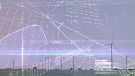 Animation-of-stock-market-data-processing-and-blue-light-trail-over-spinning-windmills-on-grassland