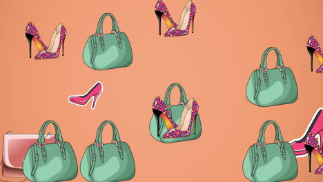 animation of shoes and handbags on pink background