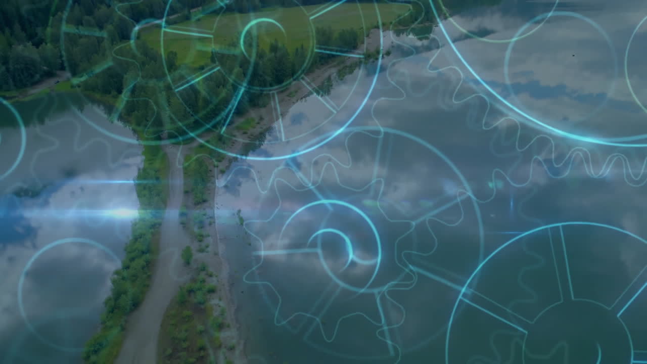 Animating gears and mechanical designs over serene lakeside landscape scenery