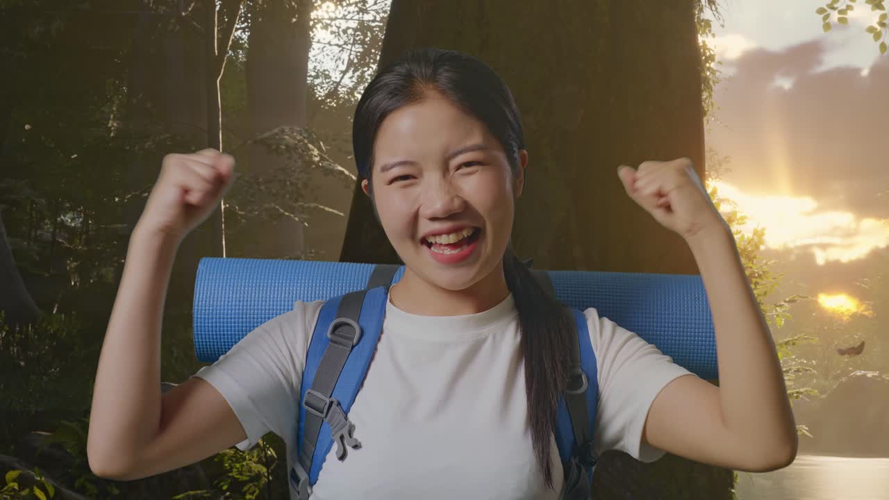 숲에서 산책하는 행복한 여자