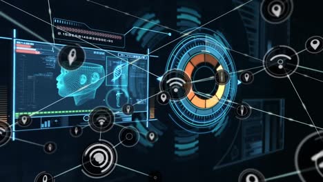 animation of network of connections over scope scanning and data processing on black background