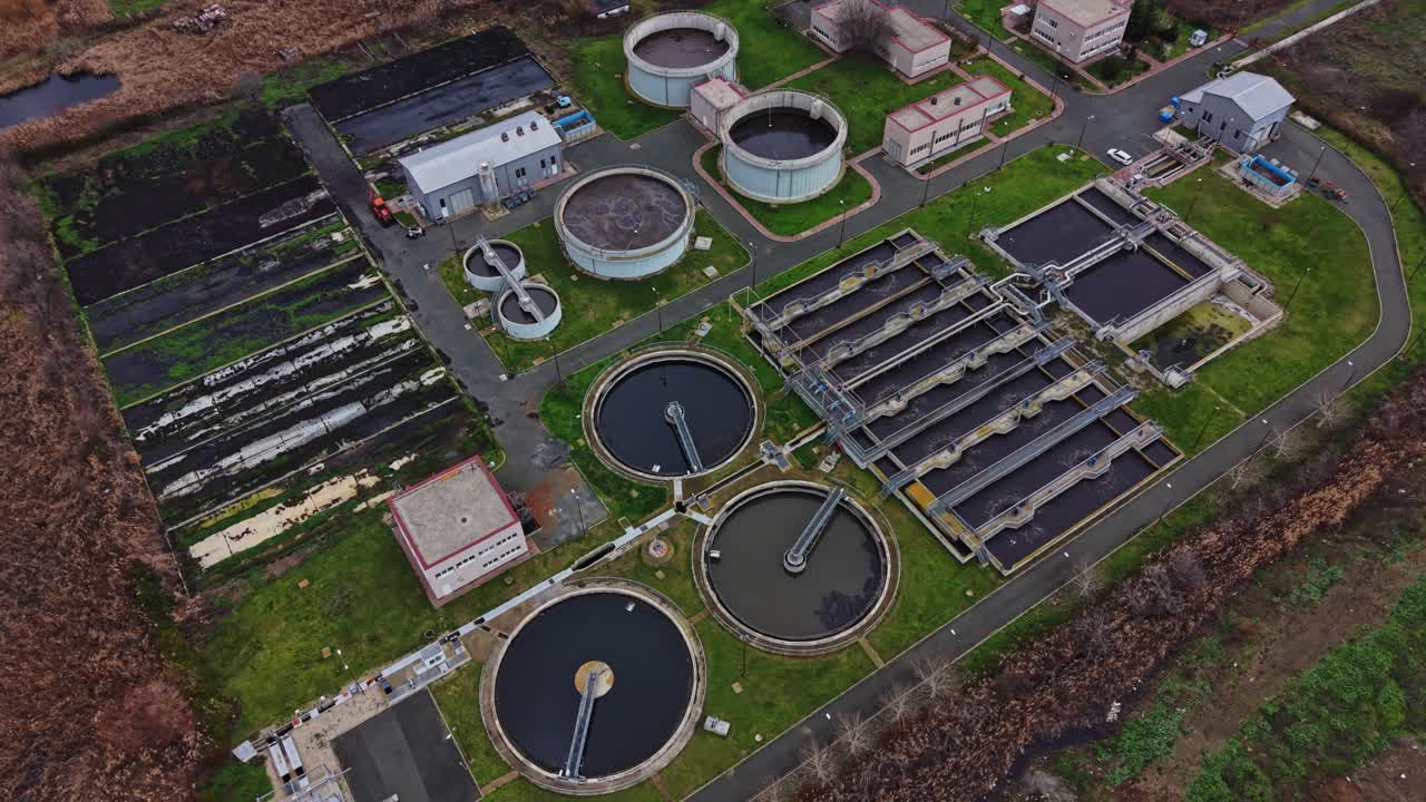 Aerial view of a water treatment facility in a rural setting